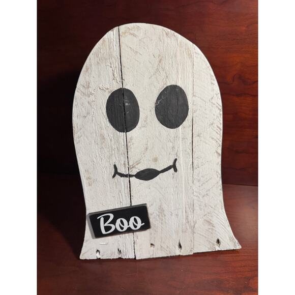 New White Ghost Halloween Wood Easel Sign Farmhouse Decor Spooky Fall Boo - Picture 1 of 7